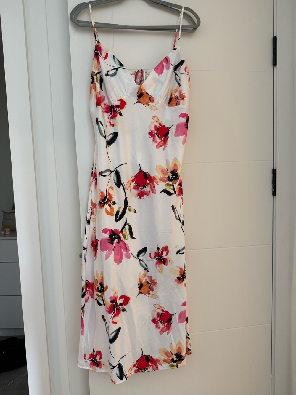 Dynamite White Slip Midi Dress with Pink & Red Floral Print